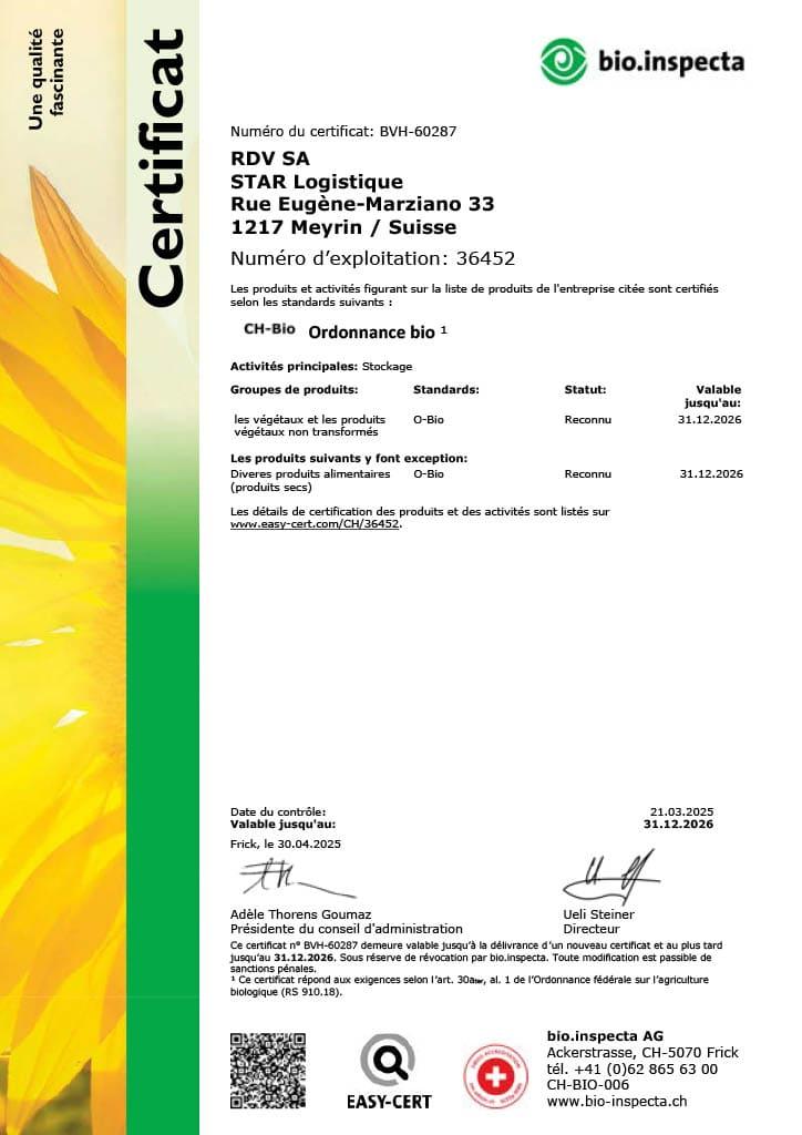 Certificat stockage BIO