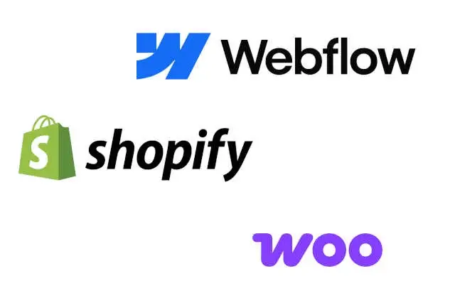 Logo de Webflow, Shopify et WooCommerce.